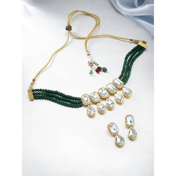 Aheli green crystal pearl traditional ethnic bridal choker necklace with earrings jewellery set 2