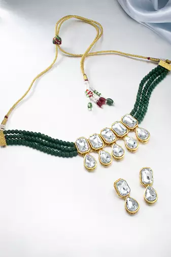 Aheli green crystal pearl traditional ethnic bridal choker necklace with earrings jewellery set