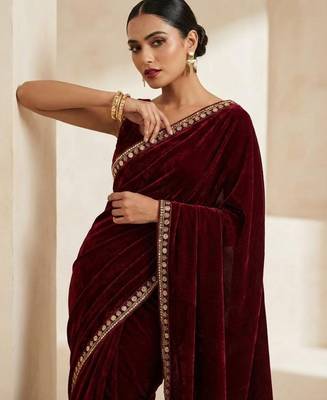Maroon bloue piece with embroidred velvet saree 2