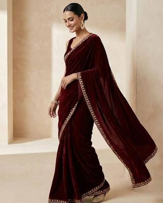 Maroon bloue piece with embroidred velvet saree 3