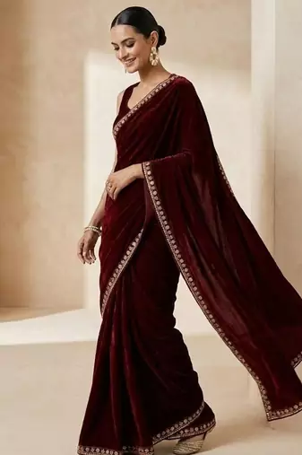 Maroon bloue piece with embroidred velvet saree