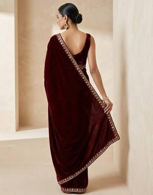 Maroon bloue piece with embroidred velvet saree 4
