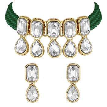 Aheli green crystal pearl traditional ethnic bridal choker necklace with earrings jewellery set 3