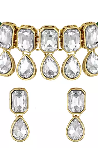 Aheli green crystal pearl traditional ethnic bridal choker necklace with earrings jewellery set