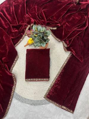Maroon bloue piece with embroidred velvet saree 5