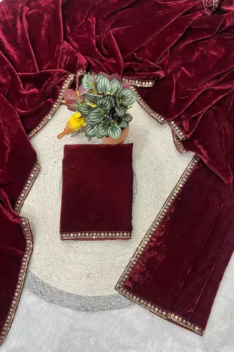 Maroon bloue piece with embroidred velvet saree