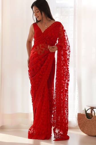 Red embroidered blouse with embroidered saree