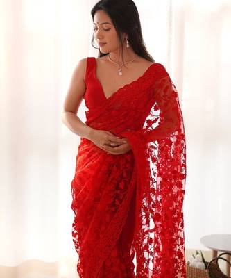 Red embroidered blouse with embroidered saree 2