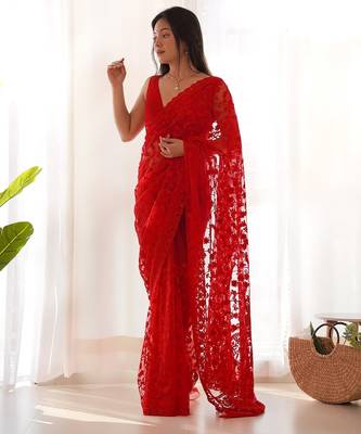 Red embroidered blouse with embroidered saree 4