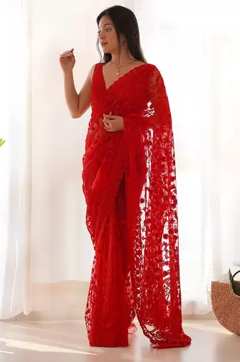 Red embroidered blouse with embroidered saree