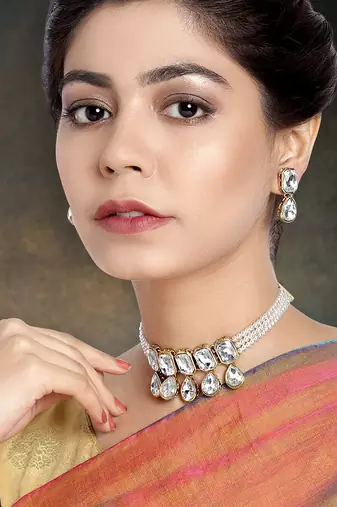 Aheli crystal pearl traditional ethnic bridal choker necklace with earrings jewellery set