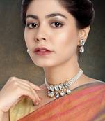 Aheli crystal pearl traditional ethnic bridal choker necklace with earrings jewellery set