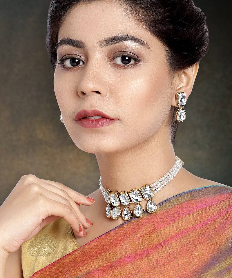 Aheli crystal pearl traditional ethnic bridal choker necklace with earrings jewellery set