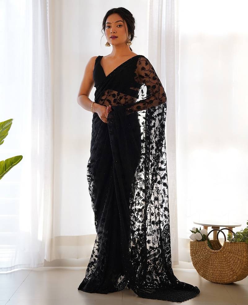 Black embroidered blouse with embroidered saree