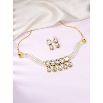 Aheli crystal pearl traditional ethnic bridal choker necklace with earrings jewellery set 2