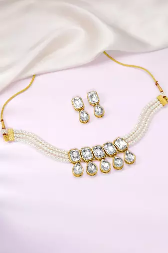 Aheli crystal pearl traditional ethnic bridal choker necklace with earrings jewellery set