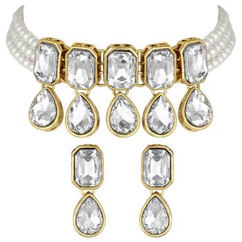 Aheli crystal pearl traditional ethnic bridal choker necklace with earrings jewellery set 3