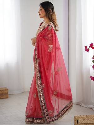 Red embroidered blouse with embroidered saree 4