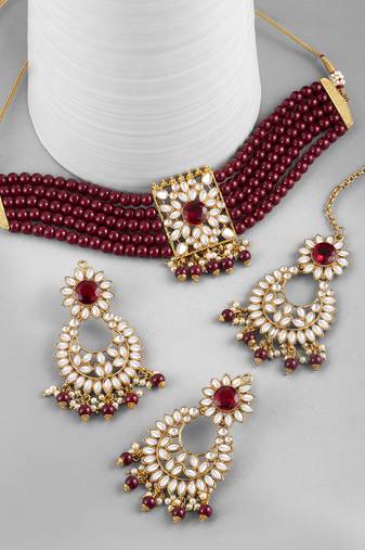 Aheli kundan faux pearl choker necklace with earring maang tikka traditional bridal jewellery set