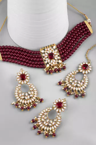 Aheli kundan faux pearl choker necklace with earring maang tikka traditional bridal jewellery set