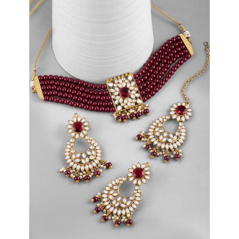 Aheli kundan faux pearl choker necklace with earring maang tikka traditional bridal jewellery set