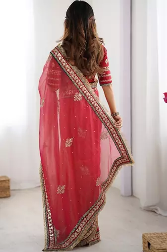 Red embroidered blouse with embroidered saree