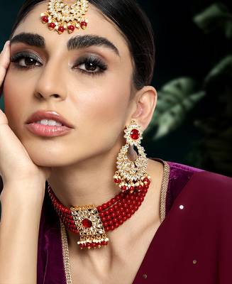 Aheli kundan faux pearl choker necklace with earring maang tikka traditional bridal jewellery set 2