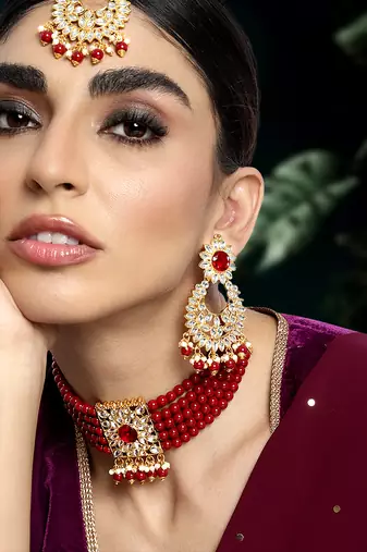 Aheli kundan faux pearl choker necklace with earring maang tikka traditional bridal jewellery set