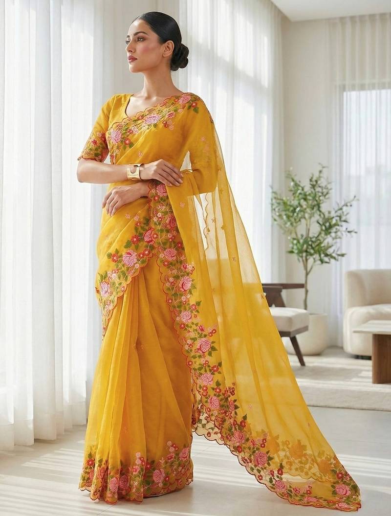 Yellow embroidered blouse with embroidered saree