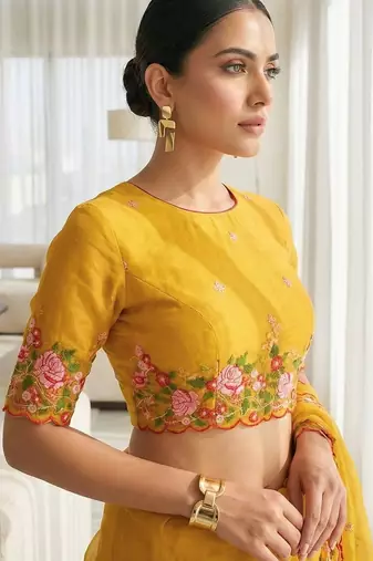 Yellow embroidered blouse with embroidered saree