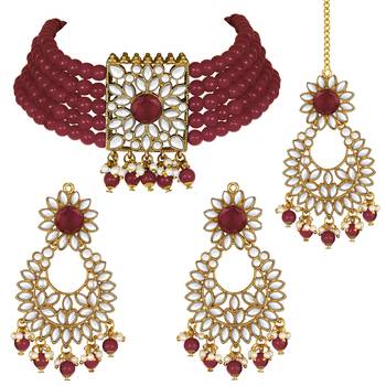 Aheli kundan faux pearl choker necklace with earring maang tikka traditional bridal jewellery set 3