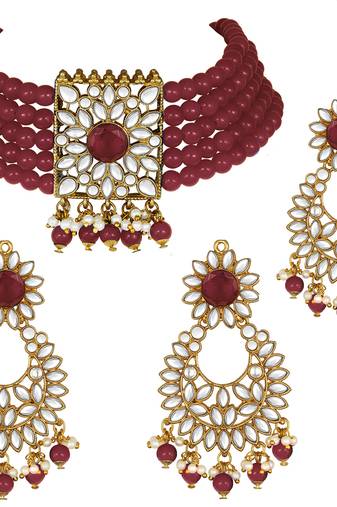 Aheli kundan faux pearl choker necklace with earring maang tikka traditional bridal jewellery set