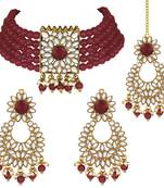 Aheli kundan faux pearl choker necklace with earring maang tikka traditional bridal jewellery set