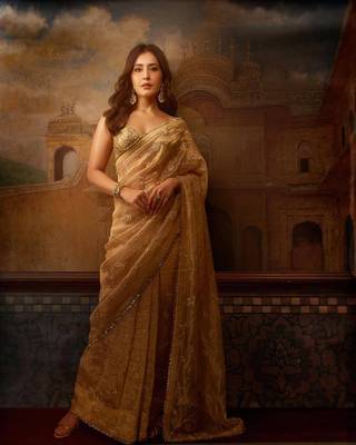 Coffee jari woven blouse with embroidred saree 1