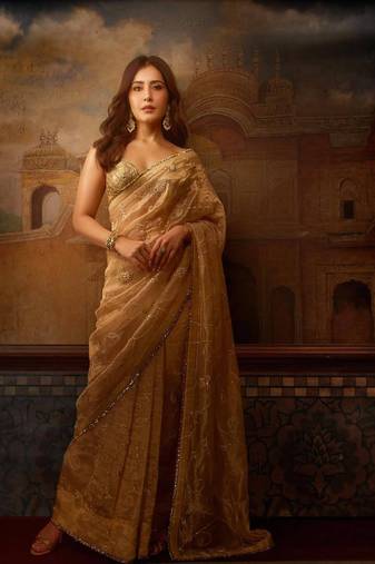 Coffee jari woven blouse with embroidred saree