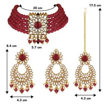 Aheli kundan faux pearl choker necklace with earring maang tikka traditional bridal jewellery set 4