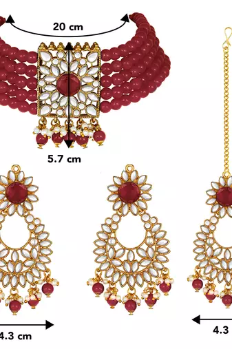 Aheli kundan faux pearl choker necklace with earring maang tikka traditional bridal jewellery set