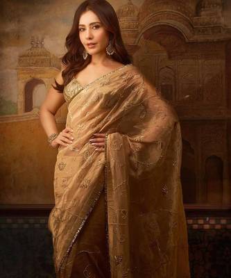 Coffee jari woven blouse with embroidred saree 2