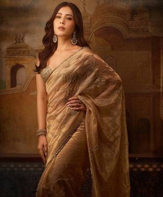 Coffee jari woven blouse with embroidred saree 4