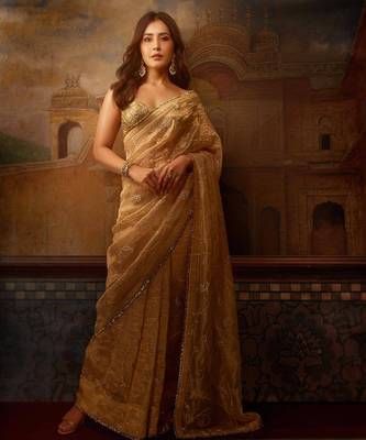 Coffee jari woven blouse with embroidred saree 5