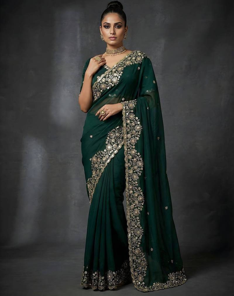 Green embellished saree with embellished blouse