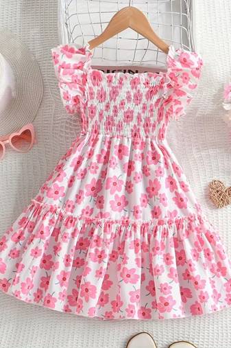 White & pink floral printed cotton smocked puff sleeve fit & flare girls dress