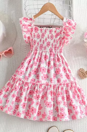 White & pink floral printed cotton smocked puff sleeve fit & flare girls dress