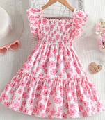 White & pink floral printed cotton smocked puff sleeve fit & flare girls dress