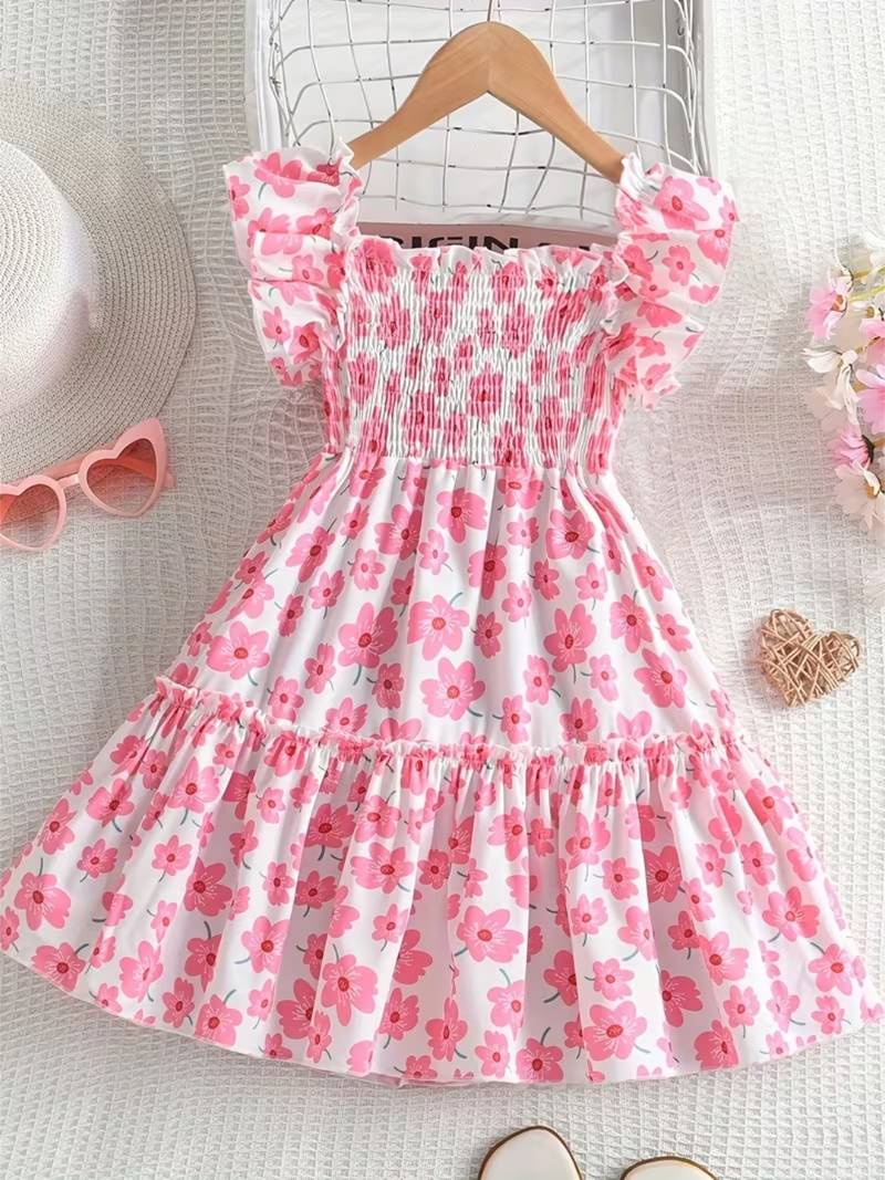 White & pink floral printed cotton smocked puff sleeve fit & flare girls dress