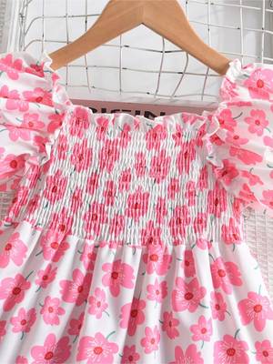 White & pink floral printed cotton smocked puff sleeve fit & flare girls dress 2