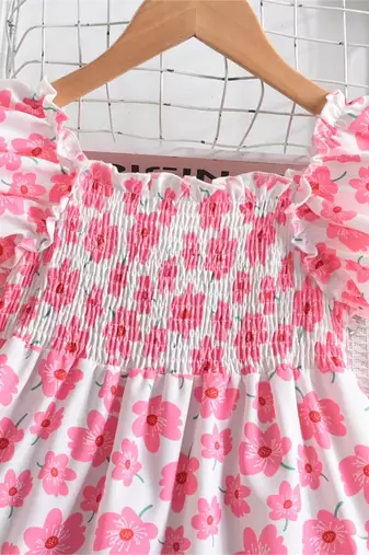 White & pink floral printed cotton smocked puff sleeve fit & flare girls dress