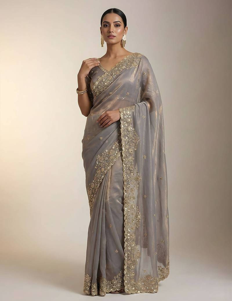 Beige embellished saree with embellished blouse