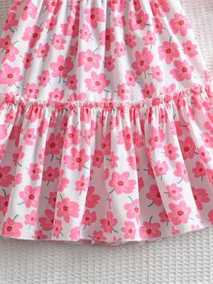 White & pink floral printed cotton smocked puff sleeve fit & flare girls dress 3