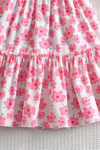 White & pink floral printed cotton smocked puff sleeve fit & flare girls dress